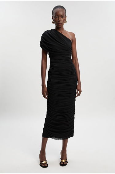 Bandage Mesh Gathered Asymmetric Neck Knitted Maxi Dress