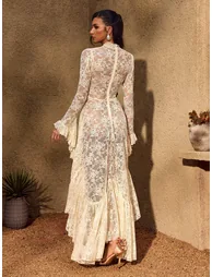 فستان ميو ميوز بلون كريمي بأكمام طويلة - 5