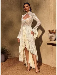 فستان ميو ميوز بلون كريمي بأكمام طويلة - 4