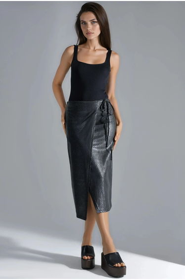 BUSEM Faux Leather Midi Skirt with Bow Detail