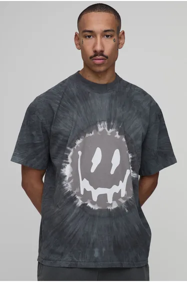 Oversized Tie Dye Smiley Face Print T-Shirt - black