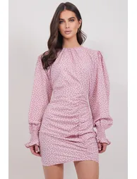 فستان تريند ألاكاتي ستايل زهري قصير منقط بقصة ضيقة بأكمام طويلة - 1