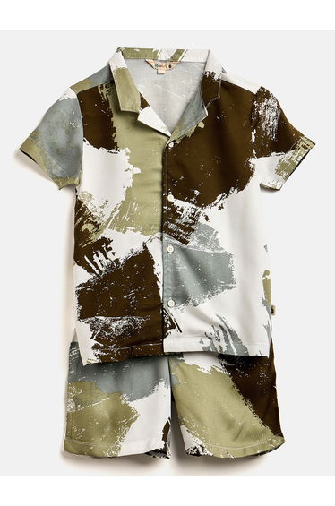 Boys Green Brushstroke Print Shirt and Shorts Set