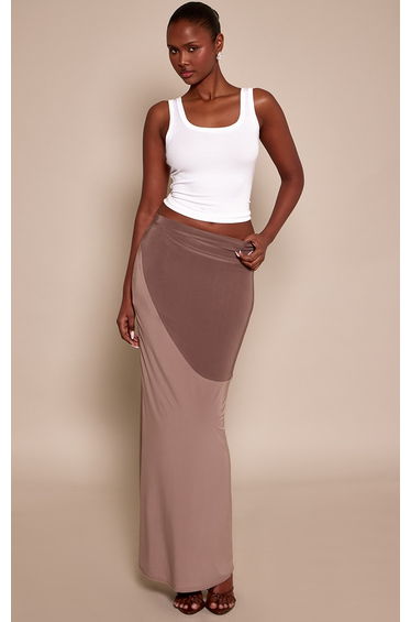 Taupe Slinky Contrast Panel Maxi Skirt
