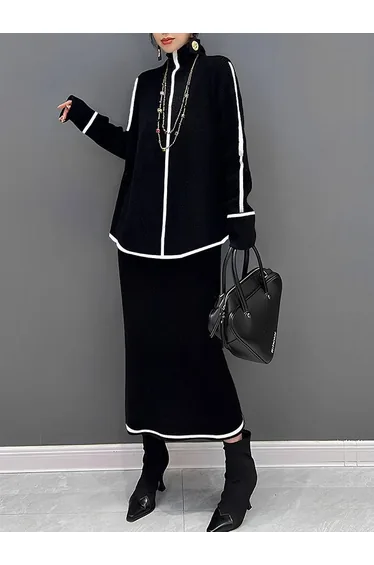 Long Sleeves Loose Contrast Color High Neck Sweater Tops