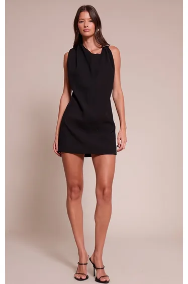 Black Woven Asymmetric Trim Detail Mini Dress