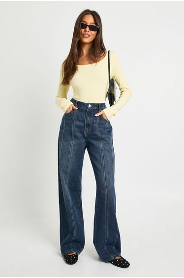 Rib Scoop Neck Fitted Long Sleeve Top - lemon