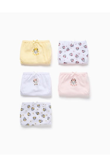 Pack of 5 briefs with Minnie prints for girls, pink/white/yellow