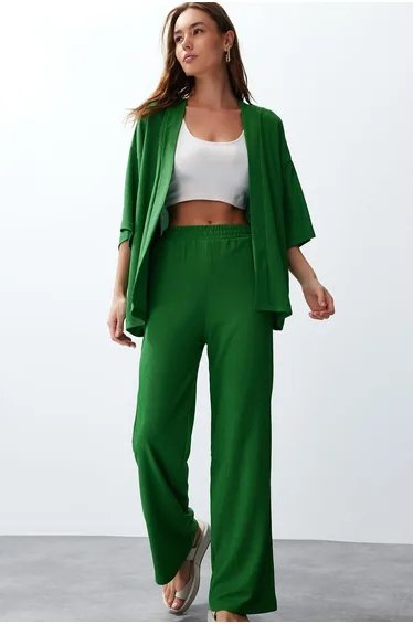 Green Relaxed/Comfortable Cut Kimono Knitted Two Piece Set