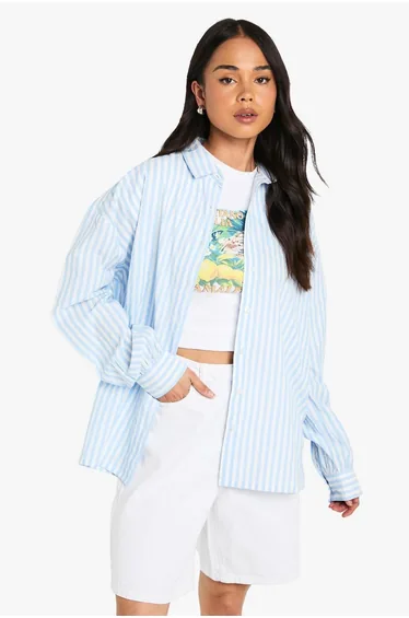 Textured Stripe Oversized Shirt - blue