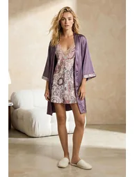 Lilac 2 Pack Floral Lace Detail Satin Weave Dressing Gown + Nightgown