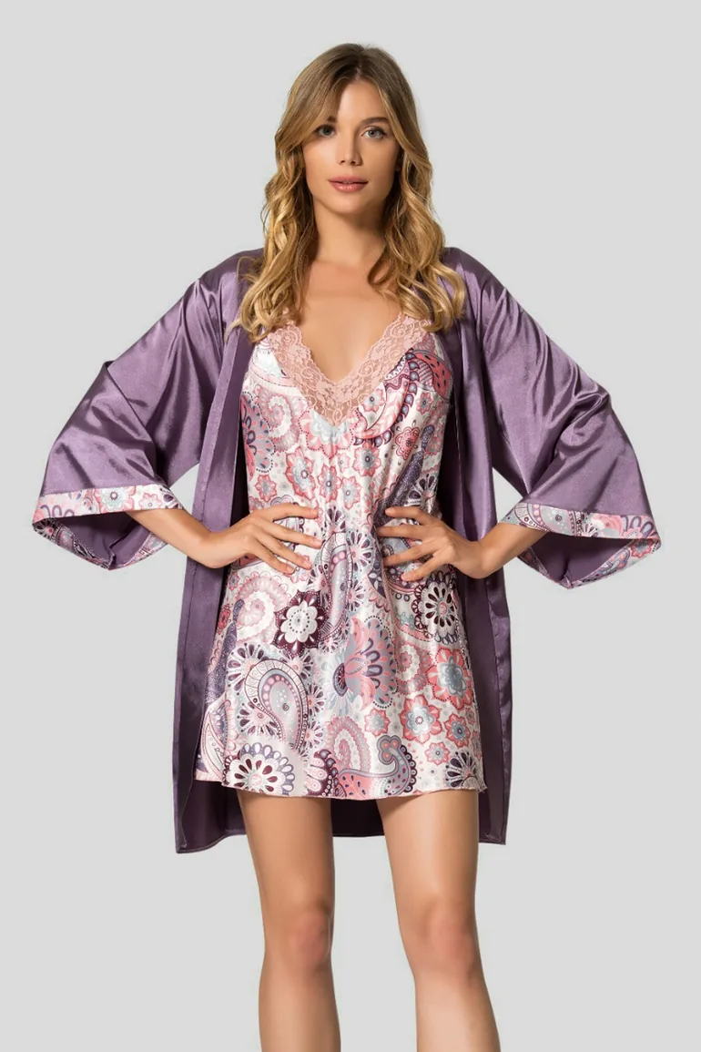 Lilac 2 Pack Floral Lace Detail Satin Weave Dressing Gown + Nightgown - 2