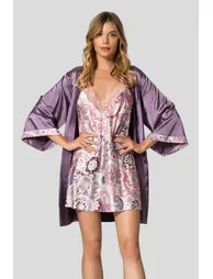 Lilac 2 Pack Floral Lace Detail Satin Weave Dressing Gown + Nightgown - 2