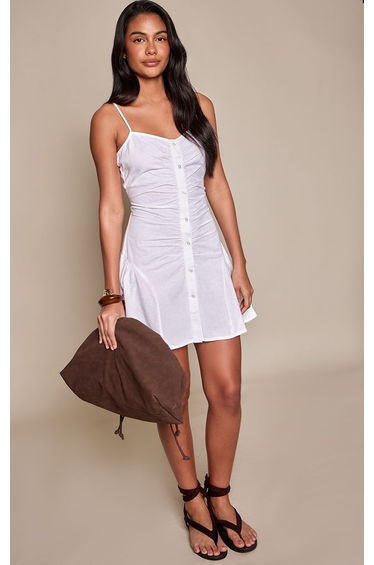 White Strappy Ruched Button Down Shift Dress