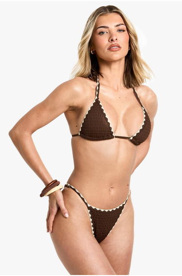 Seersucker Contrast Stitch Detail Triangle Bikini Top & Tanga Bikini Bottoms Set - chocolate