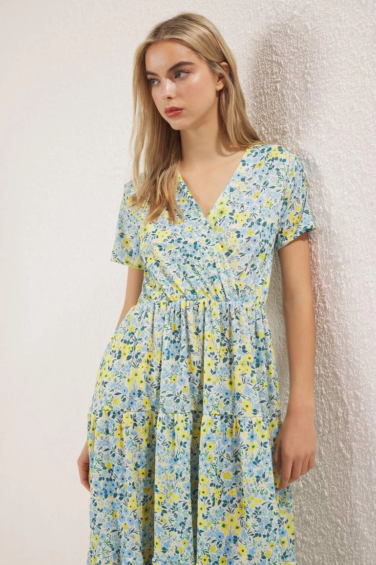 فستان محبوك بطبعة أزهار لون أصفر  - 1