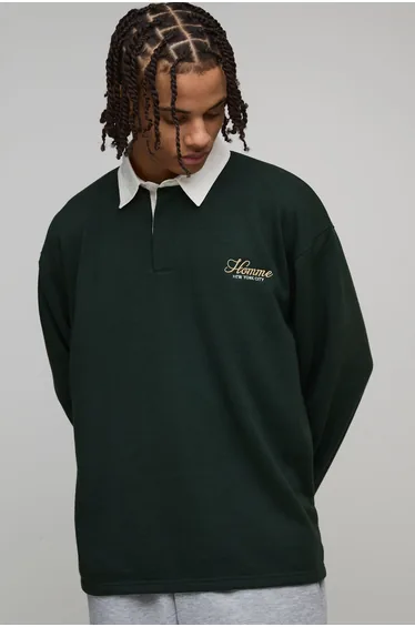 Oversized Homme Loopback Rugby Polo - forest