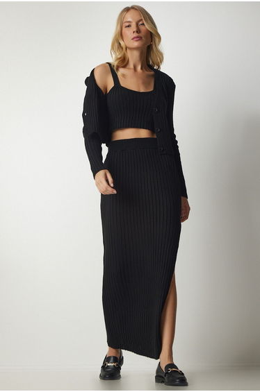 Women's Black Cardigan Athlete Skirt and Knitwear Suit