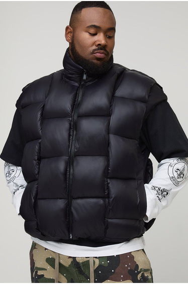 Plus High Shine Weft Oversized Funnel Neck Gilet - black