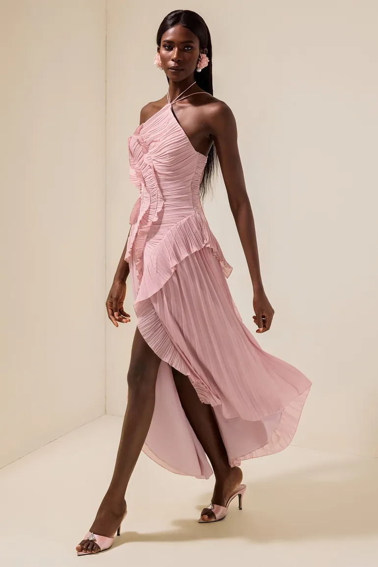 Pleated Frill Halter Neck Midi Dress - 6