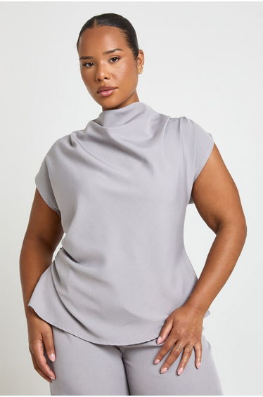 Plus Ruched Cowl Tailored Top - grey