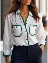Long Sleeves Loose Buttoned Contrast Color Pockets Lapel Blouses&Shirts Tops - 1