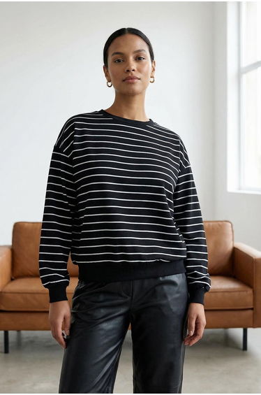 Black 2 Thread Crew Neck Striped Regular Knitted Sweatshirt