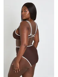 Plus Contrast Triangle Bikini Top & High Waist Bikini Bottom Set - chocolate - 3