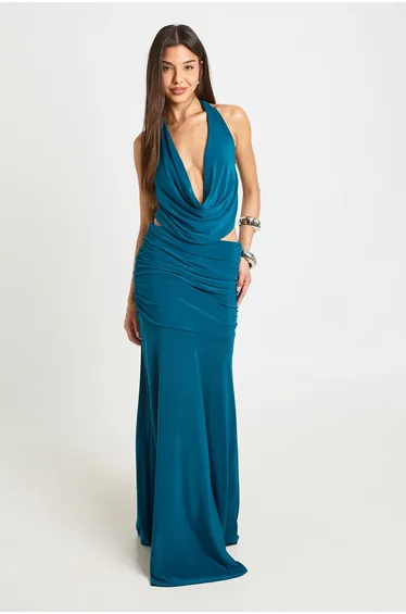 Halter Neck Gold Trim Crop Top - teal