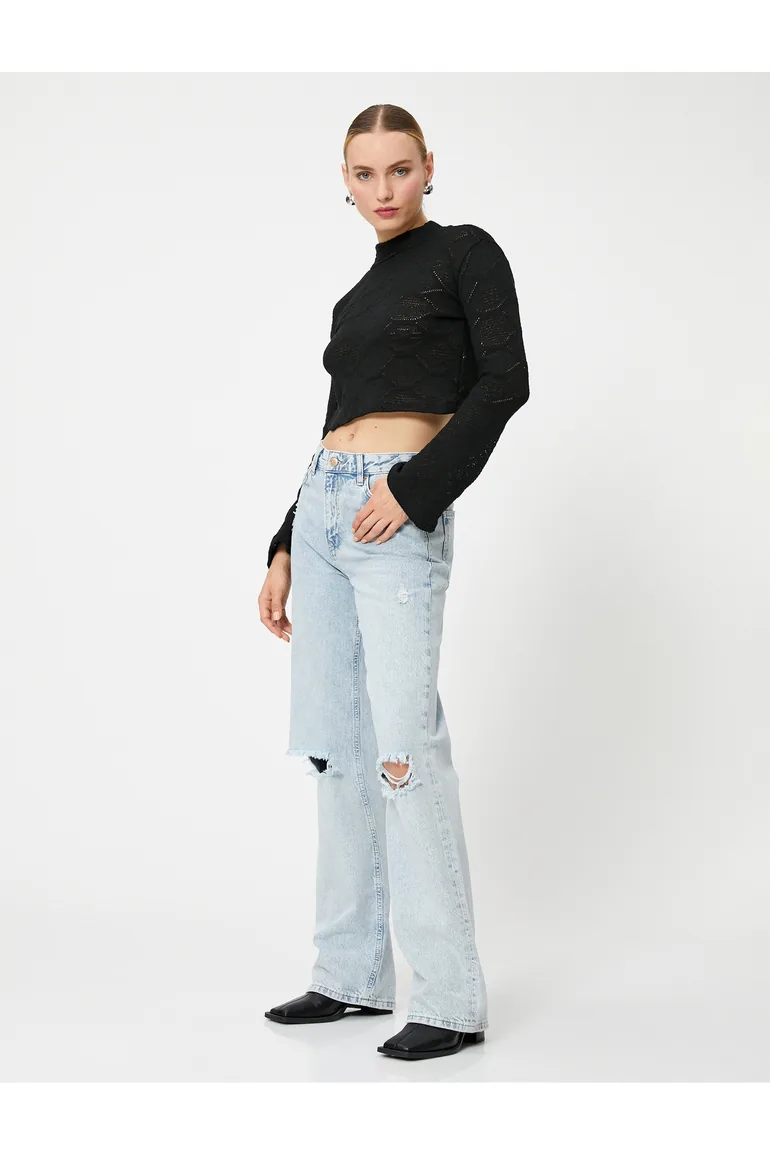 Crop Sweater Openwork Flare Sleeve - 1