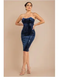 Goddiva Bandeau Sequin & Velvet Midi Dress - Navy