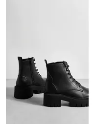 Tab Detail Chunky Lace Up Hiker Boots - black - 3
