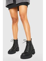 Tab Detail Chunky Lace Up Hiker Boots - black