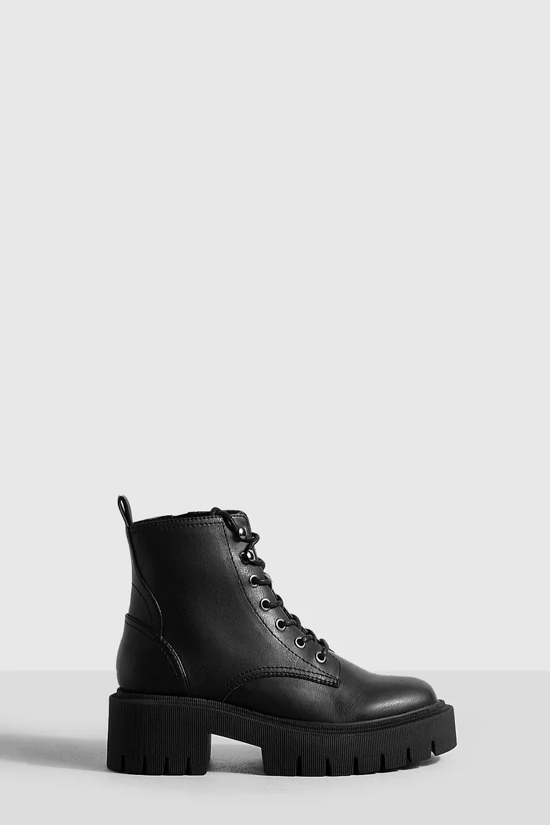 Tab Detail Chunky Lace Up Hiker Boots - black - 1
