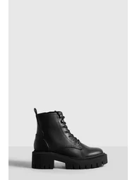 Tab Detail Chunky Lace Up Hiker Boots - black - 1