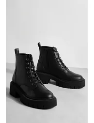 Tab Detail Chunky Lace Up Hiker Boots - black - 2