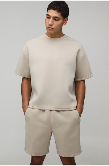Oversized Boxy Bonded Scuba T-Shirt & Relaxed Short Set - stone