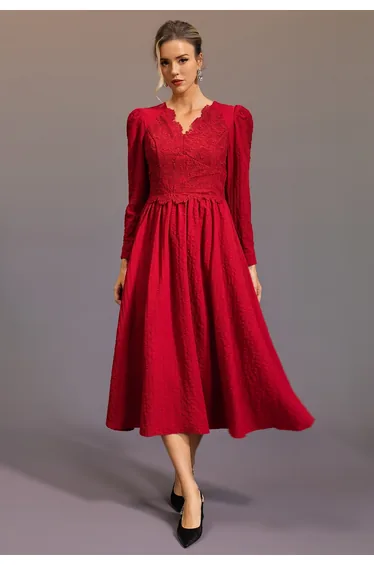 V-Neck Lace Panelled Puff Sleeve Textured Midi Dress in Red