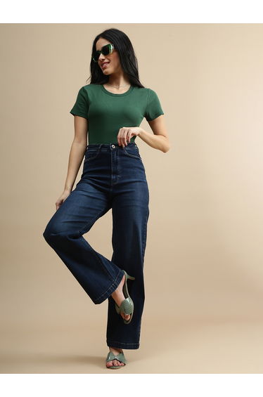 Dark Green Cotton Ribbed Fitted T-Shirt