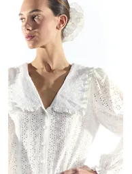 White Column Mini Shirt Dress with Long Sleeve - 2
