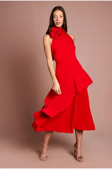 High Neck Corsage Detail Midi Dress