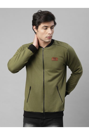 Men Olive Fleece Bomber Jacket