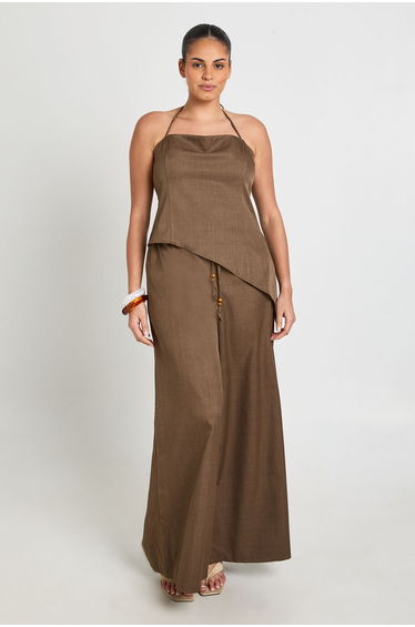 Plus Crepe Beaded Cowl Neck Cami Top - chocolate