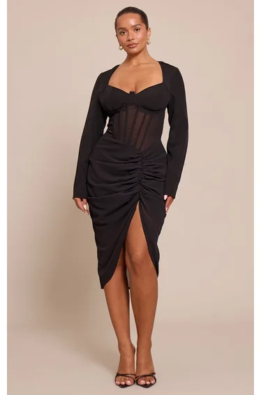 Shape Black Long Sleeve Corset Detail Ruched Midi Dress
