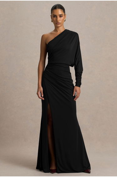 Lola | Black Asymmetric-Neck Maxi Dress With Ruched Detailing And Front High-Split