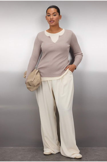 Beige Double Layer Look Ribbed Knit Sweater