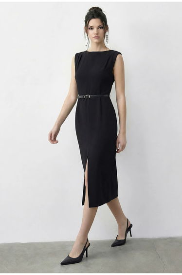 LUCCI Belted Midi Pencil Dress with Boat Neck