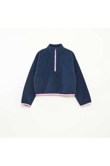 Fleece Trucker Neck Sweatshirt with Trim BLUE