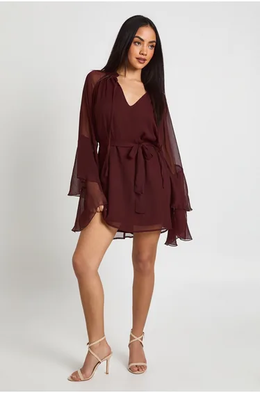 Chiffon Flared Sleeve Mini Dress - chocolate