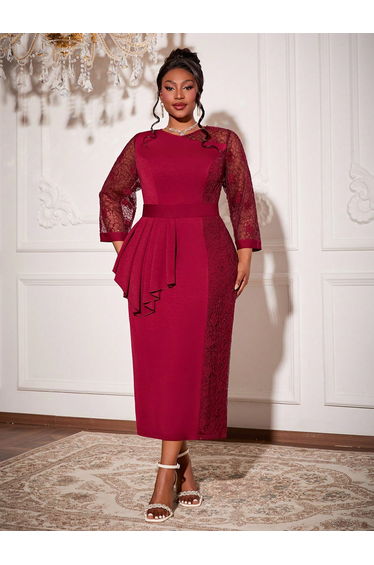 Leely Plus Women's Elegant Round Neck Long Sleeve Party Dress